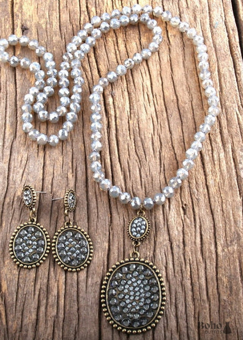 Boho Necklace, Jewelry Set, RH Crystal Black White Glass